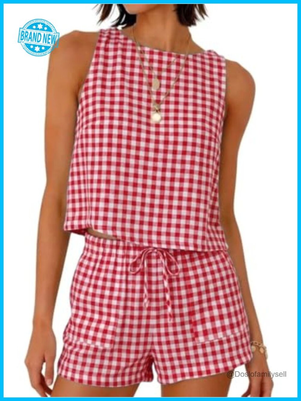 Womens Gingham Two Piece Short Set Sleeveless Tank Cropped Top Plaid Shorts